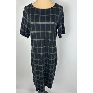 J. Jill  Size Small Plaid Ponte Knit Shift Dress Black Short Sleeve Modest